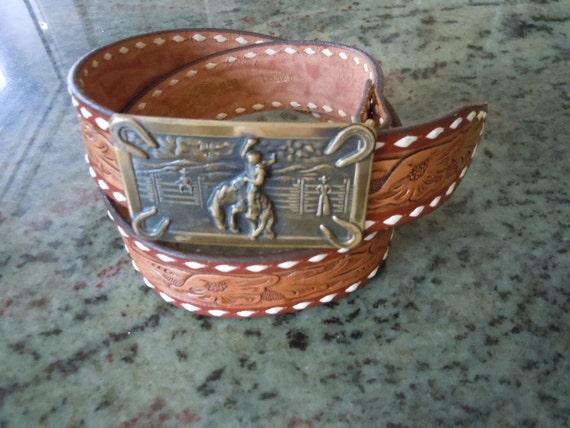 Killer 1950s Brass Cowboy Buckle on Tooled Belt  … - image 3