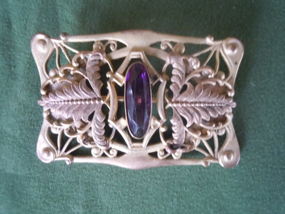 Gorgeous 1910s-1920s Ornate Brass Brooch with Ame… - image 1