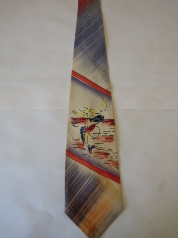 Attractive 1940s Hand Painted Fishing Swing Tie