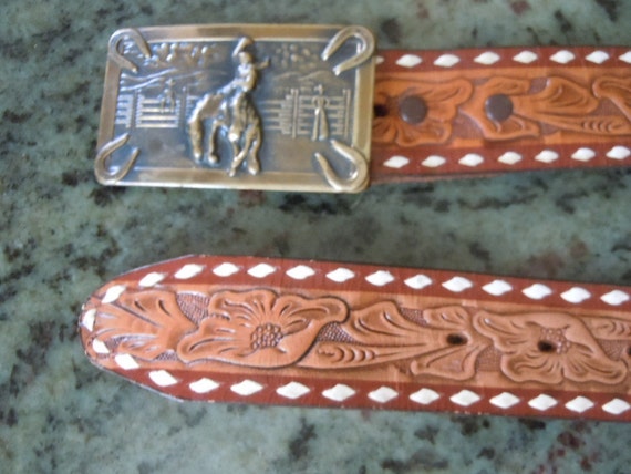 Killer 1950s Brass Cowboy Buckle on Tooled Belt  … - image 1