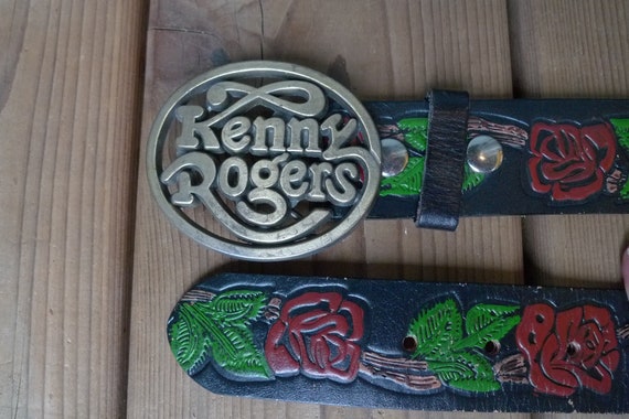 Waist: 36 to 38 Inches ** Rare 1970s Kenny Rogers Buckle and Black Tooled Belt (I Can substitute Belts for Your Size)