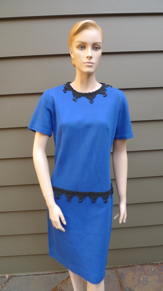 Bust: 36" ** Striking 1950s-60s Blue Wool Blend Dr