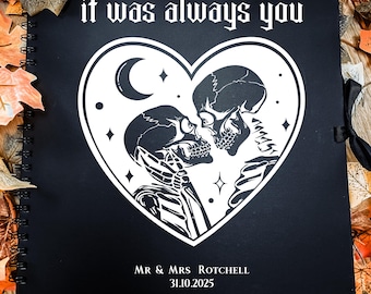 Hasta que seamos fantasmas, libro de visitas para bodas góticas, boda de Halloween, hasta la muerte, decoración alternativa para bodas, álbum de fotos de bodas, novia espeluznante