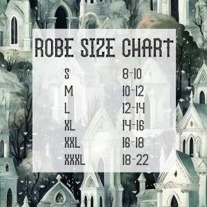 May include: A white and black graphic with the text "ROBE SIZE CHART" and a chart showing robe sizes from S to XXXL with corresponding US women's sizes from 8-10 to 18-22.