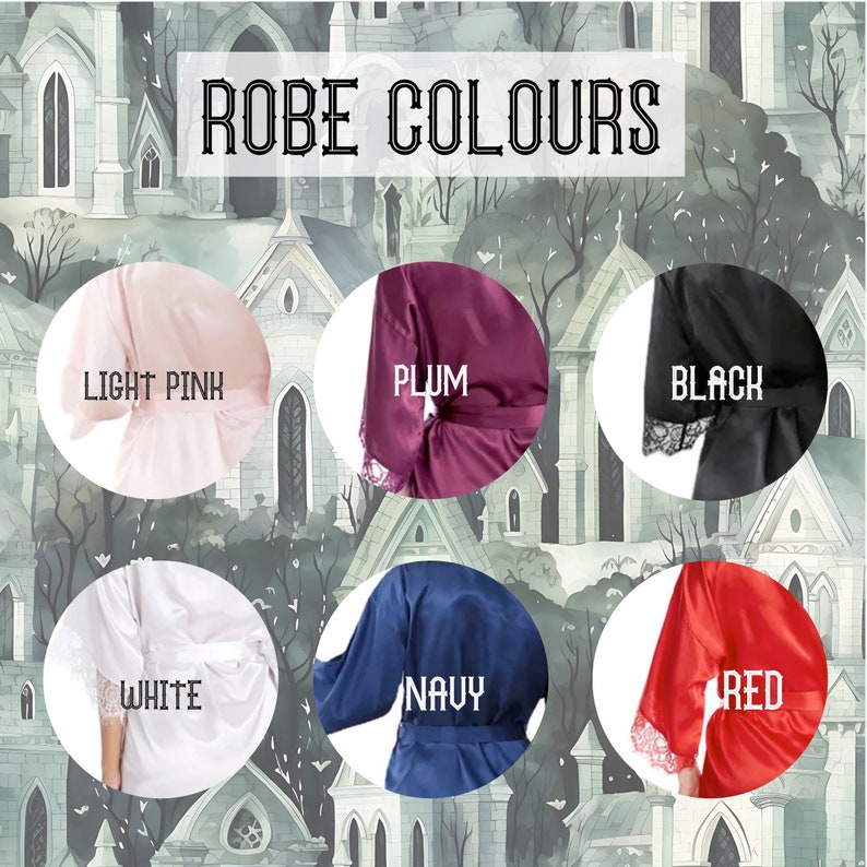 May include: A graphic showing different robe colors available. The colors are light pink, plum, black, white, navy, and red.