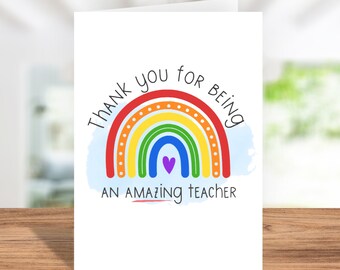 Tarjeta de agradecimiento del maestro, gracias del maestro del arco iris, regalo de fin de período para los maestros, tarjeta de asistente de enseñanza en el aula