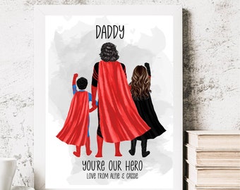 Regalo del día del padre, impresión familiar personalizada, regalo de superhéroe, retrato familiar personalizado, regalo de los niños, regalo de papá, impresión a4 SIN MARCO