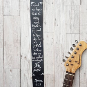 Religious gift ideas, christian gift, personalised guitar strap, romans 8:28, music lover gift, custom guitar strap, bible verse gift image 1