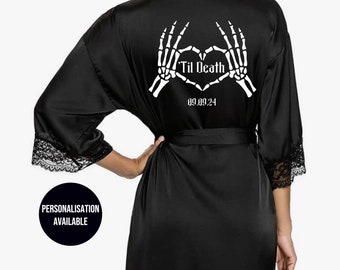 Gothic Bridal Robe, Getting Ready Robes, Alternative Wedding Decor, Black Satin Robe, Bridesmaid Robe, Til Death Do Us Part, Gift For Bestie