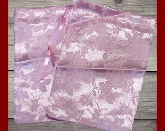 2 Pink Rose Brocade Satin Bags. Large 6x8 floral brocade fabric drawstring bags. Elegant and easy gift bags. Wedding gift bags. Card bags.