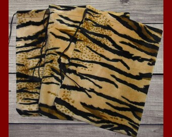 3 Tan Tiger Furry Velvet Bags. Large 6x9 velvet fabric drawstring bags. Gift wrap bags. Fabric storage bags. Card bags. Accessory bags.