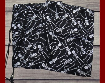 3 Halloween Gift Bags.  Large drawstring bags in black fabric with white skeletons and fancy metal cord bead. Storage bags. Card bags.