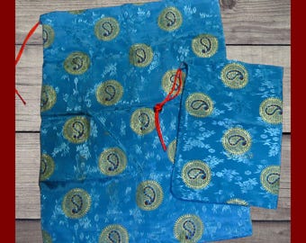 2 Eastern Brocade Satin Bags. Blue & gold brocade fabric drawstring bags. Elegant and easy gift wrap bags. Party gift bags.