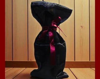 Wine Gift Bag. Black sheer fabric bag with burgundy ribbon. Tall bottle bag.  Party gift bag.  Wedding wine bag. Liquor gift bag.