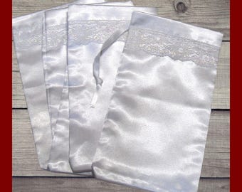 5 White Satin Bags. Large 4x8 bridal satin fabric drawstring bags w/ lace trim. Elegant gift wrap bags. Wedding gift bags. Card bags.