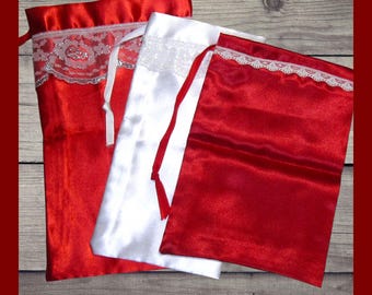 3 Satin Bags with Lace Trim. Large bridal satin fabric drawstring bags. Elegant and easy gift wrap bags. Wedding gift bags.