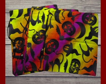3 Halloween Gift Bags.  Large drawstring bags in Halloween fabric and fancy metal cord bead. Gift bags. Storage bags. Card bags.