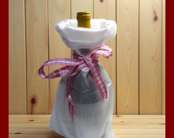 Wine Gift Bag. White sheer & shiny fabric bag with pink ribbon. Tall bottle bag.  Party gift bag.  Wedding wine bag. Liquor gift bag.