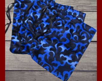 4 Blue Flame Furry Velvet Bags. Large 6x8 velvet fabric drawstring bags. Easy gift wrap bags. Fabric storage bags. Accessory bags.