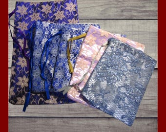 5 Lace Overlay Satin Bags. Large satin and lace fabric drawstring bags. Elegant and easy gift wrap bags. Bridal bags.