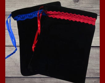 2 Black Velvet Bags. Large 6x8 velvet fabric drawstring bags with lace trim. Gift wrap bags. Velvet gift bags. Storage bags. Card bags.