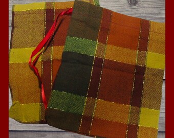 2 Autumn Tartan Gift Bags. Large heavy woven fabric drawstring bags. Elegant and easy gift wrap bags. Storage bags. Large gift bag.