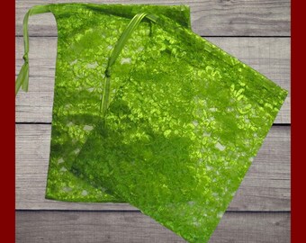 2 Lime Green Lace Bags. Large 6x8 green lace fabric drawstring bags. Elegant and easy gift wrap bags. Wedding bags. Lace storage bags.