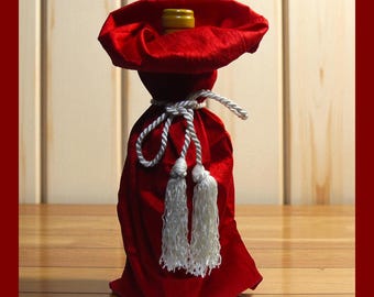 Wine Gift Bag. Red silk fabric bag with white tassel cord. Tall bottle bag.  Party gift bag.  Wedding wine bag. Liquor gift bag.