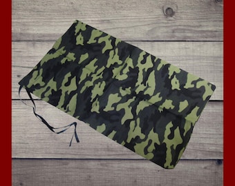 Extra Large Green Camouflage. 10x18 Canvas fabric drawstring storage bag. Heavy fabric bag. Laundry bag. Gift bag. Hunter's bag. Utility bag