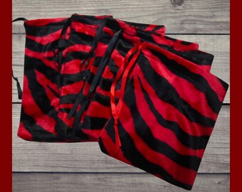 5 Red Zebra Furry Velvet Bags. Large thick velvet fabric drawstring bags. Gift wrap bags. Fabric storage bags. Accessory bags.