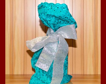 Wine Gift Bag. Fancy turquoise blue fabric bag with silver ribbon. Tall bottle bag.  Party gift bag.  Wedding wine bag. Liquor gift bag.