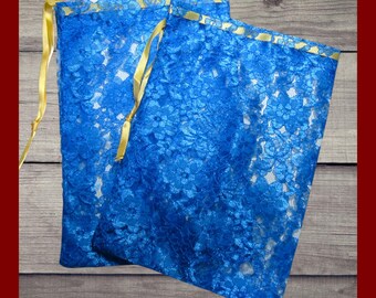 2 Turquoise Lace Bags. Large 6x9 blue lace fabric drawstring bags. Elegant and easy gift wrap bags. Wedding bags. Lace storage bags.