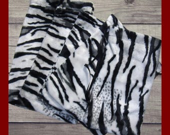 6 White Tiger Furry Velvet Bags. Large velboa velvet fabric drawstring bags in asst sizes. Gift wrap bags. Accessory storage bags.