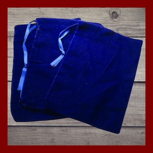 Three Royal Blue Velvet Bags. 3 large plush velvet fabric drawstring bags. Elegant gift wrap bags. 6x8 size.  Handmade in USA.