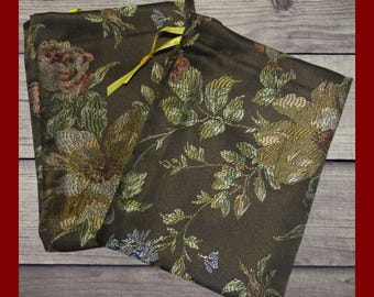 2 Brown Floral Brocade Satin Bags. Large 6x8 brocade fabric drawstring bags. Elegant easy gift wrap bags. Heavy gift bags. Storage bags.
