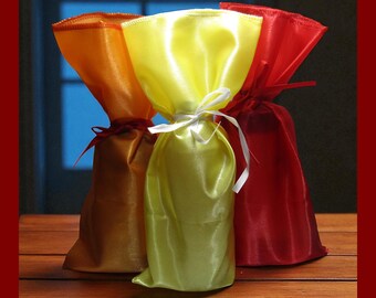 6 Assorted Sheer Fabric Gift Bag Sacks. Large gift wrap bags in red, yellow, & orange.  Wedding gift bags. Small bottle bags.