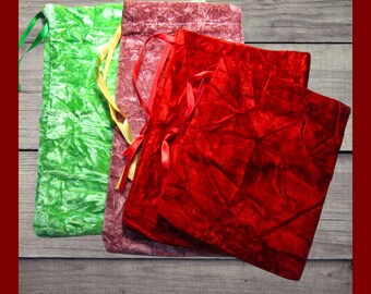4 Crushed Velvet Bags. Large velvet fabric drawstring bags assort. Gift wrap bags. Red, pink, and green velvet. Gift bags. Storage bags.