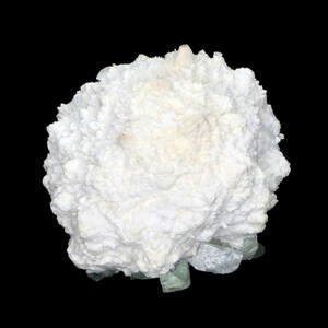 May include: A white, textured mineral specimen with a rounded, cloud-like form. The surface has a bubbly, crystalline appearance. The base features translucent, pale green crystal formations. The background is solid black.