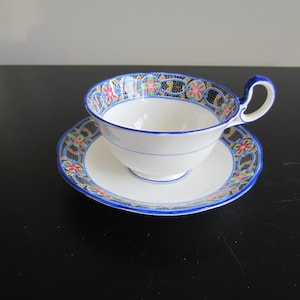 Aynsley Tea Cup and Saucer - Blue and White Mosaic Pattern