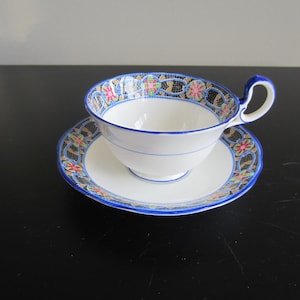 Aynsley Tea Cup and Saucer Blue and White Mosaic Pattern image 1