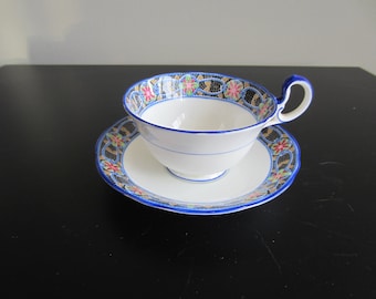 Aynsley Tea Cup and Saucer - Blue and White Mosaic Pattern