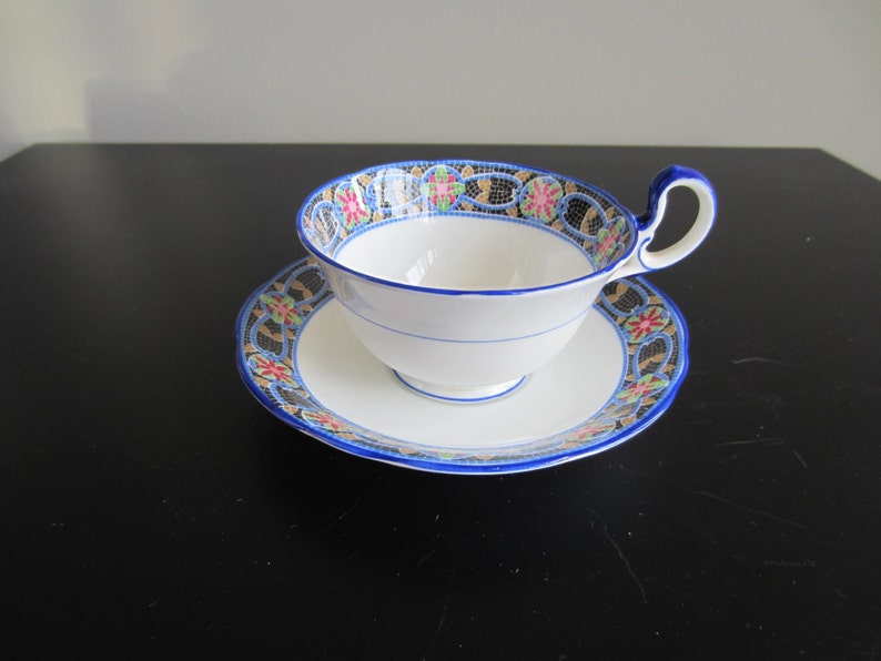 Aynsley Tea Cup and Saucer Blue and White Mosaic Pattern image 1