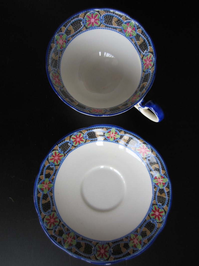 Aynsley Tea Cup and Saucer Blue and White Mosaic Pattern image 2