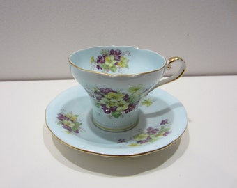 Aynsley Tea Cup and Saucer - Light Blue with Flowers