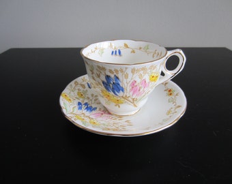 Royal Stafford Tea Cup and Saucer - White, Flowers Pattern - Handpainted - Pattern 8245