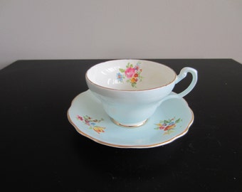 Foley Cup and Saucer - Baby Blue and Flowers - 2968