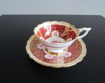 Rare Royal Stafford Tea Cup and Saucer - Pattern 8248 - Blue and Pink Rose - 1850's