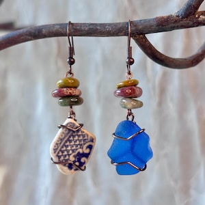 Blue Sea Glass and Pottery Dangle Earrings, Wire-Wrapped Beach Treasure