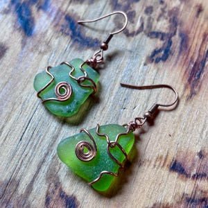 Lime Green Sea Glass Earrings Copper Wire-Wrapped Treasure Dangle Earrings