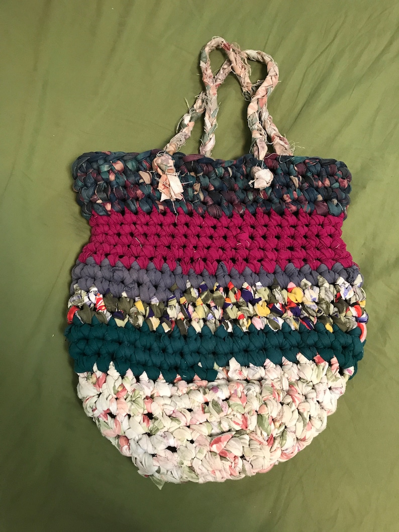 market bag shabby cottage boho crocheted tote fabric strips Multicolor shopping bag